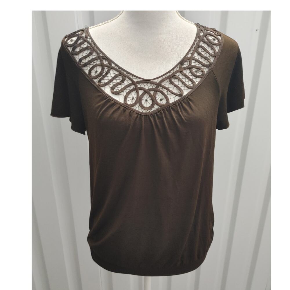 AB Studio Top Blouse Lace Detail Cutout Medium Brown